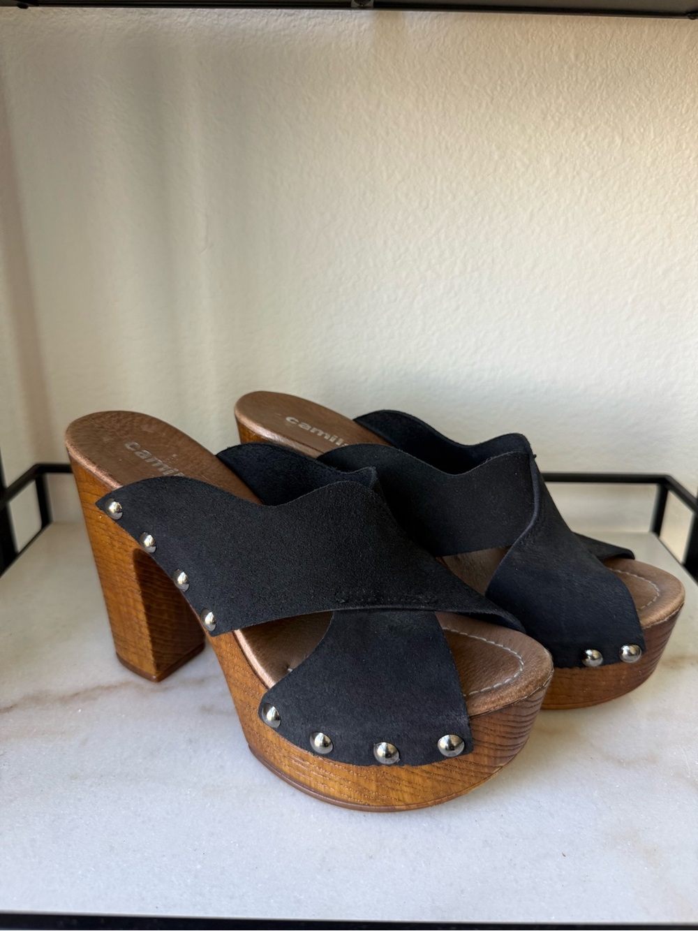 Black Suede Studded Crisscross Bohemian Platform Heels Made in Italy